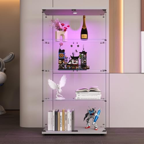 MIOOSUT Glasvitrine Standvitrine, Glasvitrine mit LED-Beleuchtung, Moderner Glas Vitrine mit Schloss, Modern Vitrine mit 4 Regalen, 2 Türen, für Wohnzimmer Büro Sammlerstücke Bücher Wein, weiß