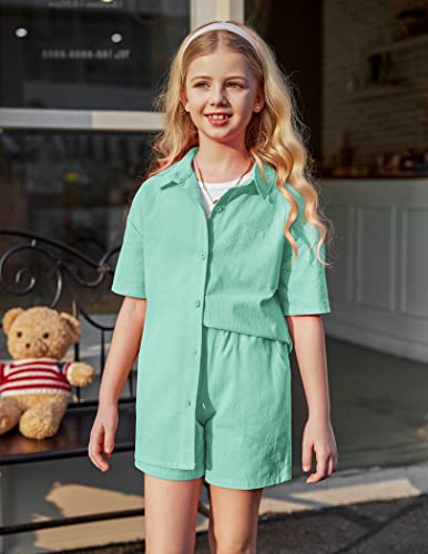 Flypigs Girls 2 Piece Linen Set Kids Outfits Cotton Button Down Short Sleeve Collared Shirt And Casual Shorts Set 6-13 Years #TOP4