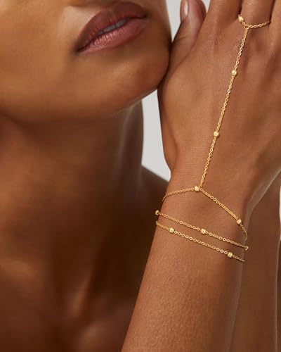 Gold Hand Chain Bracelets for Women Trendy,Dainty 14k Gold Plated Ring Bracelet Hand Chain Non Tarnish Beaded Cubic Zircon Infinity Finger Ring Slave Bracelet Stack Jewelry Gifts for Women2