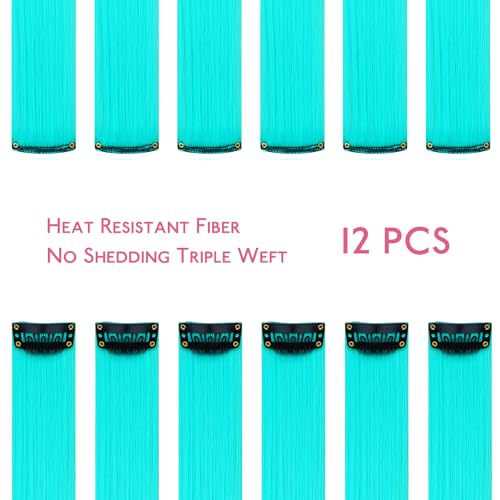 Image of WENNALIFE 12 PCS Teal Hair Extensions Clip in, Colored Clip in Hair Extensions for Kids Highlights Rainbow Hair Clips for Girls Synthetic Straight Pop-up Style Colorful Festival Girls Hair Accessories