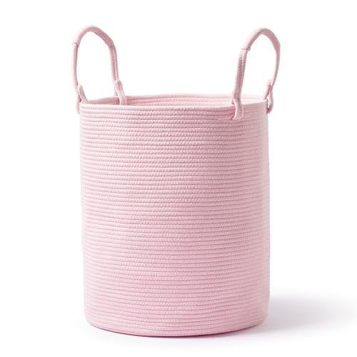 Image of Kodomoore Laundry Basket – Laundry Hamper for Clothes, Blankets, Yoga Mat – Woven Cotton Rope Basket for Living Room, Nursery Room – Boho Style – 15”D x 18”H – Light Pink