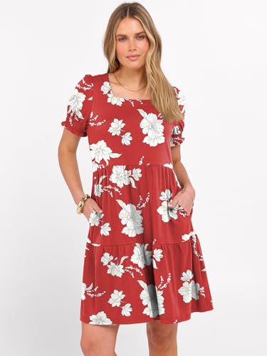 Image of ANRABESS Women Summer Square Neck Puff Short Sleeve Mini Dress 2026 Casual Flowy Sundress Beach Vacation Clothes with Pockets