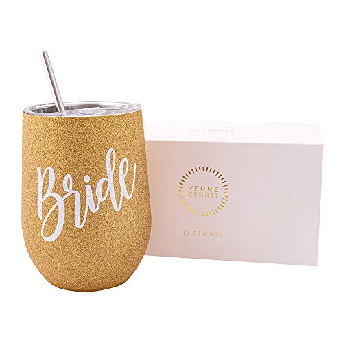 Verre Esprit Bride Wine Tumbler 12 Oz - Bride Cup Gold, Perfect For Bridal Shower Gifts - Stainless Steel Gold Bride Cup - Engagement Gift, Bride Drinking Cup - Comes In Stunning Gift Box