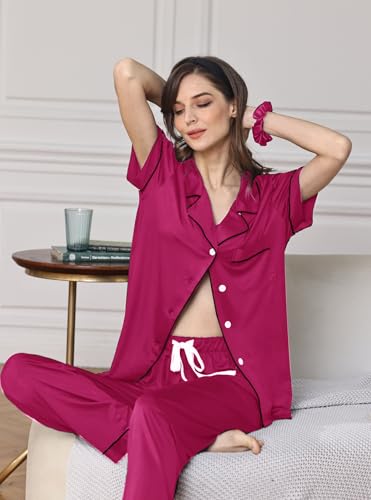 Image of WJing Yi Jia Womens Soft Pajamas Set XS-XXL Button Down Sleepwear Short Sleeves Pajama sets with Long Pants Pj Set Nightwear