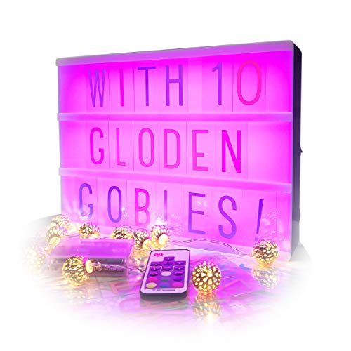 Colorful Cinema Light Box con letras, Cinematic Marquee Sign Tablero de combinación de mensajes de luz LED con 96 letras, números, símbolos, 10 luces de cadena de globo, USB o con pilas,Colorful