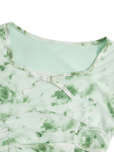 Image of Verdusa Girl's Floral Print Square Neck Lettuce Trim Long Bell Sleeve Ruched Tee Top