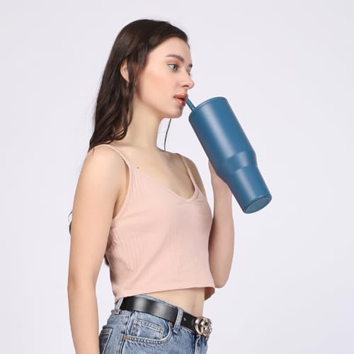 Image of House of Quirk 1200ML Tumbler with Handle & Simple Flip Straw - Car Cup Holder Friendly, Leak Resistant Stainless Steel Water Bottle with Rubber Base (Shadow Blue)