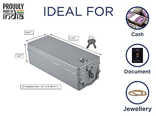 Image of Aluminium Bank Locker Box /Jewellery and Cash Storage Box with Lock - 12 inch Long (Silver Grey)