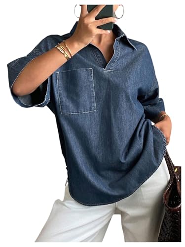 GORGLITTER Women's Oversized Denim Top Short Sleeve Collared V Neck Casual Cowgirl Jean T Shirt 2025 Blue X-Large