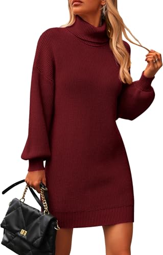 Zeagoo Damen Pulloverkleid Rollkragen Bodycon Kleid Winter Casual Dress Strickkleid Kurz Minikleid Tunika Kleid Weinrot S
