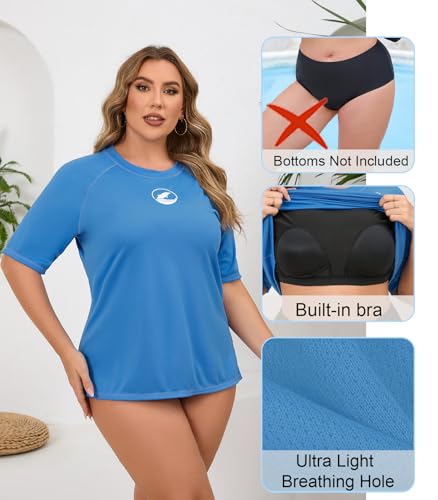 Halcurt Women's Plus Size Short Sleeve Rash Guard with Built in Bra Swim Shirt UPF50+ Quick Dry Swimsuit Top2