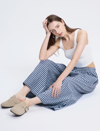 Image of LOMON Womens Wide Leg Capri Pants Gingham Plaid Culottes Summer Elastic Waist Palazzo Trousers Bottoms with Pockets