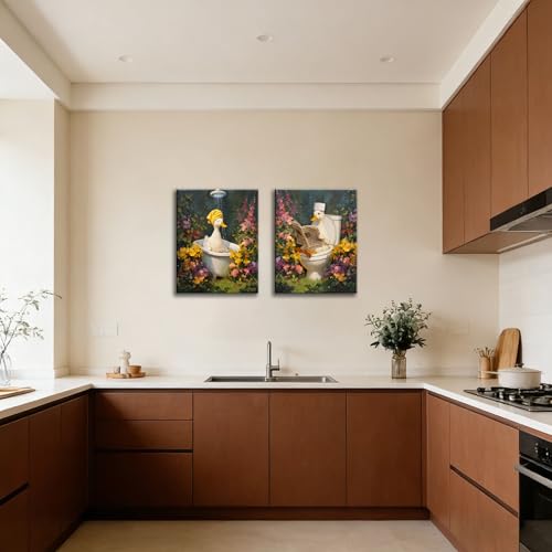 Image of Frimeeme Duck Canvas Wall Art, 2 Pcs, 12x16 Inch | Duck Botanical in Bathtub Pictures Art, Floral Wall Paintings, For Bathroom Restroom Decor