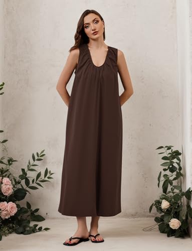 OLAPTA Women Summer Sleeveless Maxi Dress Scoop Neck Ruched Loose Fit Casual Elegant Solid Vacation Long Dress with Pockets（Small,Brown2