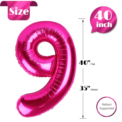 Image of Hot Pink Number 9 Balloon 40 Inch, 9th Birthday Party Decorations, Giant 9 Foil Balloon for Party Supplies