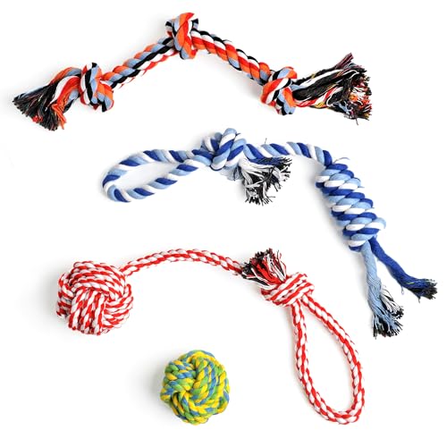 Image of TwoEar Dog Rope Toy 4 Pack - Puppy Teething Toys for Small Breed - Indestructible Dog Chew Toys for Aggressive Chewers - Cotton Tug of War Dog Toys for Boredom, Teeth Clean