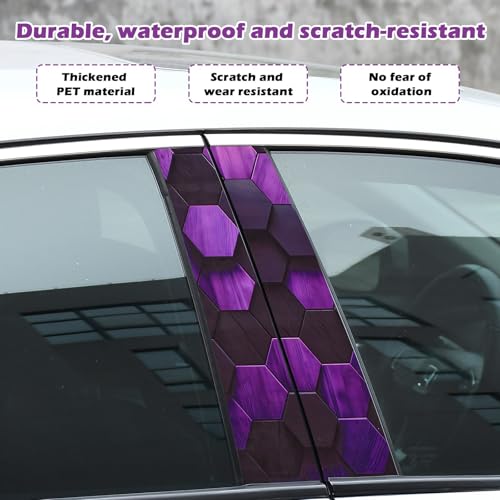 Image of Blueshyhall 2PCS Car B-Pillar Vinyl Decals, Purple Hexagon Personalized Vehicle Door Pillar Sticker, HD Printed PET Honeycomb Waterproof Sun Protection Scratch Cover