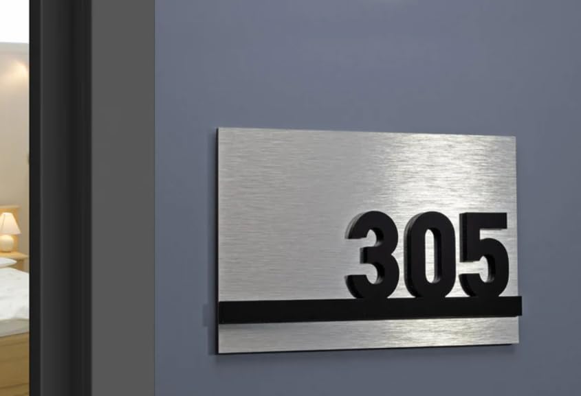 The C A F Customized Stainless Steel Plate With Acrylic Numbers for House Doors, Hotel Signage, Room Number Sign, Wayfinding Sign (12 x 7.5 Inch)