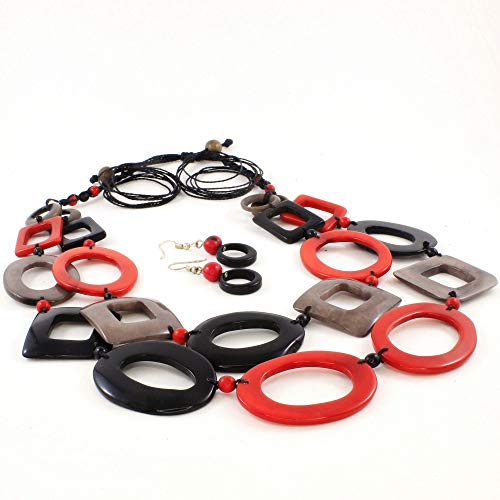Black and Red Layered Tagua Nut Necklace and Earrings, Artisan Handmade Jewelry Set for Women, Fair Trade