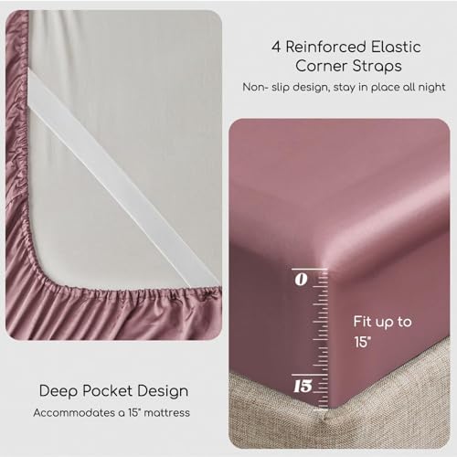 Image of MR&HM Satin Bed Sheets, King Size Sheets Set, 4 Pcs Silky Bedding Set with 15 Inches Deep Pocket for Mattress (King, Rose Taupe)