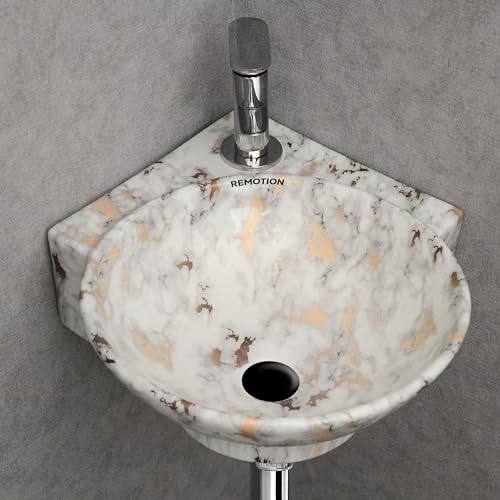 Image of REMOTION Wall Mounted Wash Basin for Bathroom | Wall Hung Corner Sink | Ceramic Round Wall Hung Wash Basin | Wall Hung Small Corner Basin (16.3 x 13.8 x 4.3 Inch) (White Gold Spot)