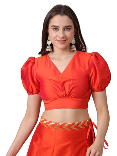 Image of Frolic Rolic Premium Silk V-Neck Blouse Readymade Saree Blouse - Designer Puff Sleeve Blouse for Wedding