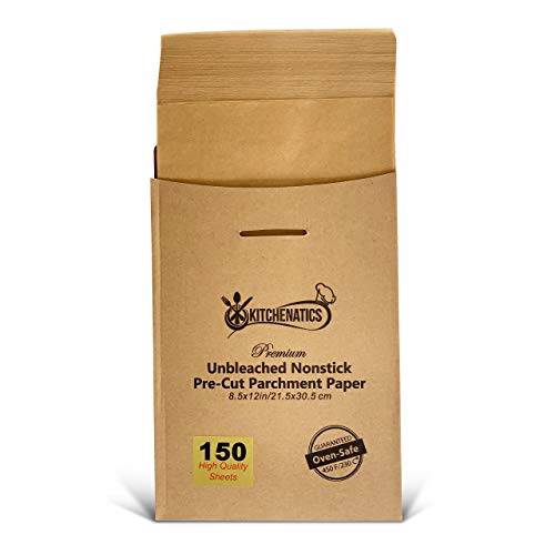 KITCHENATICS Unbleached Non Stick Parchment Paper, Quarter-Sheet, Non-Perforated Cooking Sheet Liner For Baking Pan, Air Fryer, Steamer, Oven or Grill, Brown Wax-Free Liner, 8.5 x 12, 150 Precut PCS