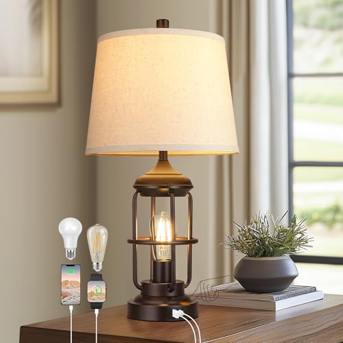 QiMH Table Lamp for Bedroom with USB A+C Ports, Farmhouse Bedside Lamp with Night Light, 3-Way...