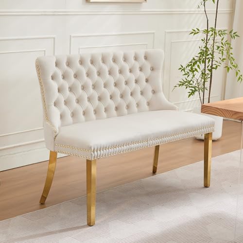 Image of 45.6''Velvet Dining Bench, Button Tufted Upholstered Dining Table Bench with Wing Highback, Nailhead Decoration, Small Loveseat Sofa with Gold-Plated Steel Legs, Mid Century Modern Seating, Beige