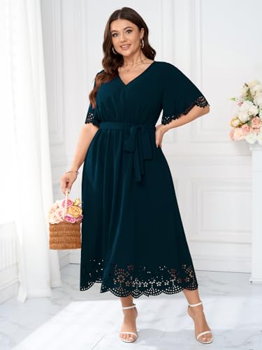 Womens Plus Size Wedding Guest Cocktail Dress Wrap V Neck A-Line Swing Maxi Dresses with Belt3