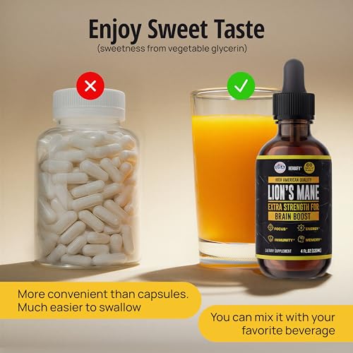 Image of HERBIFY Lions Mane Supplement - Daily Mushroom Supplement for Memory, Focus & Clarity - Brain Booster - Lions Mane Tincture for Immune Support - 4 Fl oz