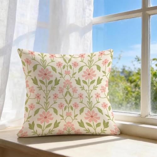 Housse coussin 65x65 lin crème à motif fleur