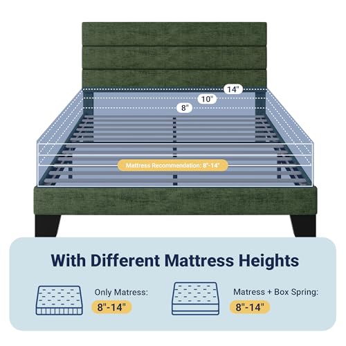 Image of Allewie Full Size Platform Bed Frame with Fabric Upholstered Headboard and Wooden Slats Support, Fully Upholstered Mattress Foundation /No Box Spring Needed /Easy Assembly, Green