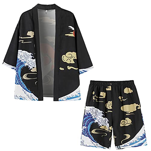 Image of PRIJOUHE Mens Kimono Set Japanese Haori & Shorts 2 Piece Summer Outfits