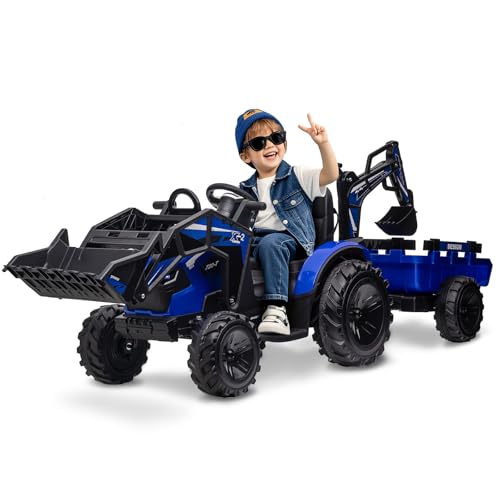 4-in-1 Ride on Tractor, 24v Ride on Toys for Big Kids, Remote Control Excavator with Trailer, Shovel Bucket, Digger, Remote Control, EVA Tires, LED Li