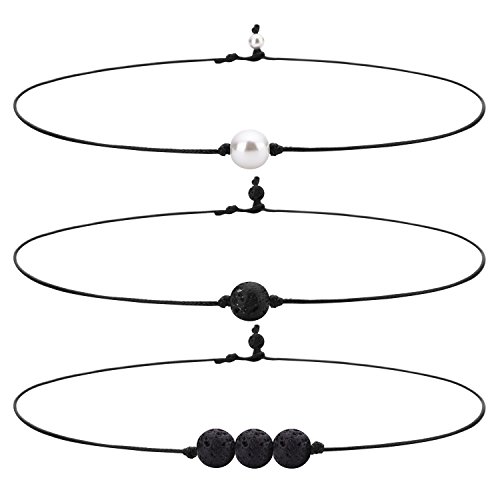 W WOOGGE 3 Pack of Single Pearl Choker Necklace on Genuine Leather Cord and Single Turquoise Choker Necklace for Women Handmade Choker Jewelry Gift (Black)