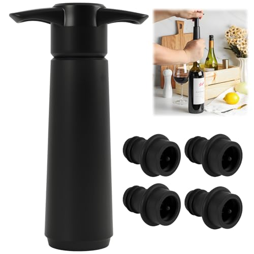 Vacu Vin Pompe,4 bouchons Pompe à vide vin, Réutilisables, Système de Conservation du Vin Sous Vide, Bouchon Bouteille Vin pour Garder le Vin Frais,...