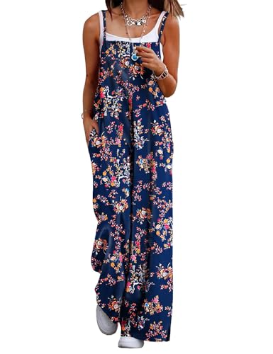YESNO Women's Summer Boho Casual Jumpsuits Wide Leg Overalls Floral Print Baggy Rompers with Pockets PZZCR