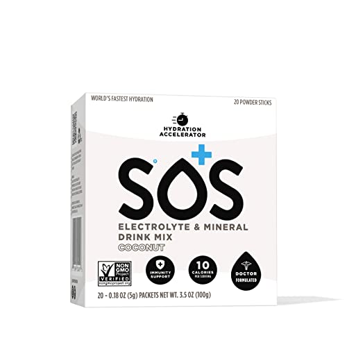 Sos Hydration Electrolytes Powder Packets - Dehydration Mineral Water Flavoring Drink Mix Multiplier, Helps Renew Energy & Rehydration, With Potassium & Low Sugar - Coconut (20 Stick Packets) #TOP2