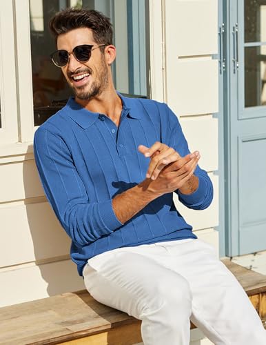 Polos de hombre COOFANDY de punto, manga larga, cuello tipo polo, suéteres casuales | Puños y dobladillo con alta elasticidad, textura tejida, ropa estilo Old Money, perfecto para casual y oficina miniatura 3