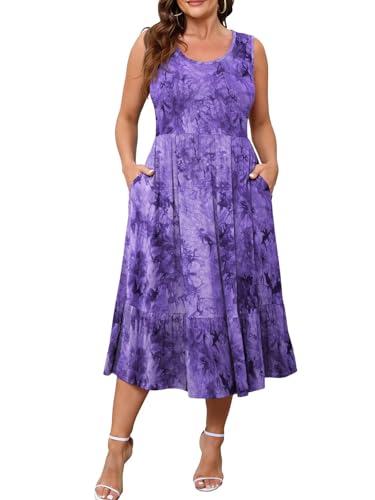 BELAROI Plus Size Maxi Dress for Women Summer Sundress Casual Sleeveless Tank Beach Vacation Outfits Pockets Scoop Neck (4X, B-Purple)