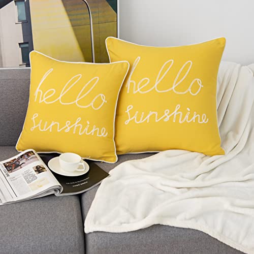 Yicabinet Set Of 2 Soft Soild Decorative Square Throw Pillow Covers Outdoor Patio Pillow Yellow Hello Sunshine Pillow For Sofa Bedroom Car 18X18 Inch #TOP1