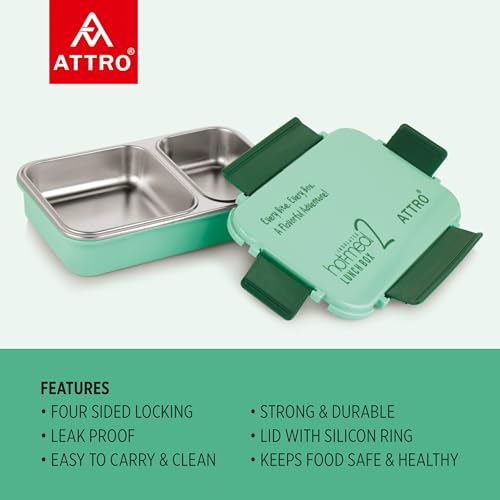 Image of ATTRO Hot-Meal 2 Insulated Lunch Box with 2 Compartment, Inner Stainless Steel & Locking Lid BPA-Free Food Grade Ideal for School, Office - 800ml Green