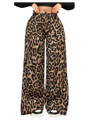 Floerns Women's Street Cheetah Print Baggy Pants Drawstring Wide Leg Elastic Waist Loose Long Trousers