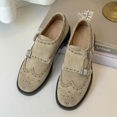 Image of BEAU TODAY Womens Leather Loafers, Monk Platform Loafer Shoes | Cowhide, Brogue Wingtip, Slip-on, Chunky Heel, Comfortable, Non-slip Durable, Business Casual Office Dress Shoes