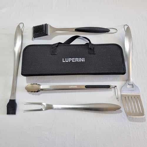 LUPERINI. 5-Piece Stainless Steel Grill Tool Set with Case. Barbecue Tools. Turner Spatula, Fork, Spice Brush, Tong and Cleaning Brush for Restaurant, Hotel, Kitchen and Gift. Grilling Accessories.