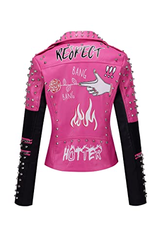RISISSIDA Studded Leather Jacket Women Moto Motorcycle Faux Leather Short Coat Black-pink 0376 M