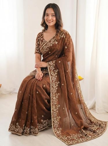 Image of ORHANS Women's Tissue Silk Ethnic Motifs Embroidered Tissue Heavy Work Saree with Embroidered With Unstitched Blouse Piece Blouse Piece | Beautiful Saree for Women | Traditional Indian Sari
