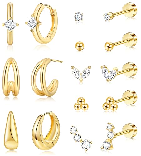 Flat Back Stud Earrings Surgical Stainless Steel Gold Flatback Cartilage Stud Earrings Hypoallergenic for Women - Main Image