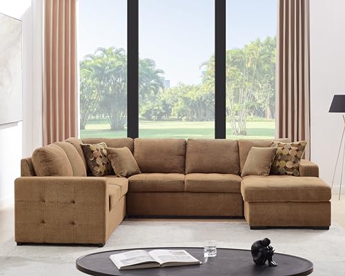 THSUPER Sectional Sleeper Sofa with Pull Out Bed, Oversized Sectional Couch with Storage Chaise U Shape Sleeper Sectional Sofa Bed for Living Room, Fabric Brown